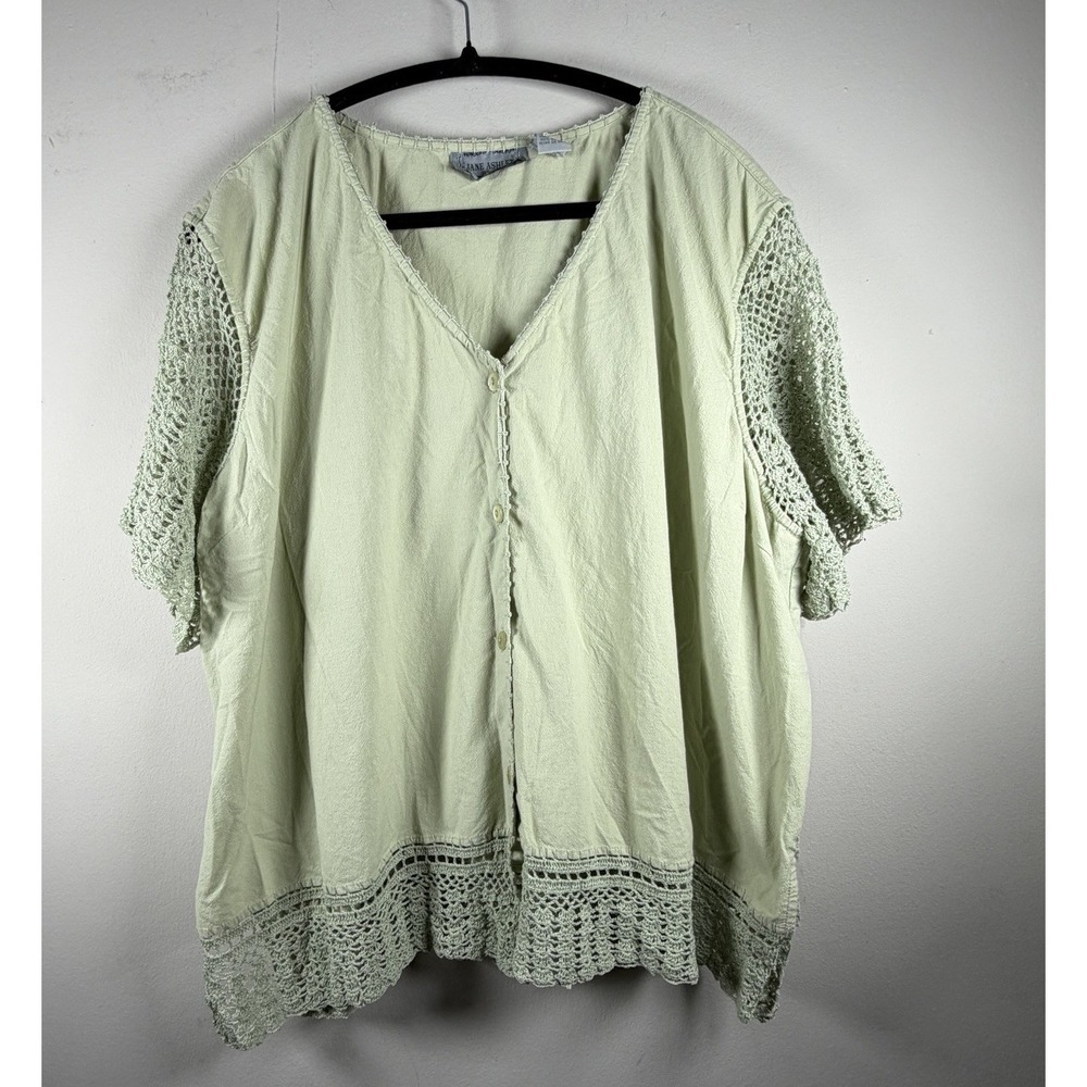 Jane Ashley Woman's  2XL Green 100% Cotton Crochet Lace Cottagecore Short Sleeve